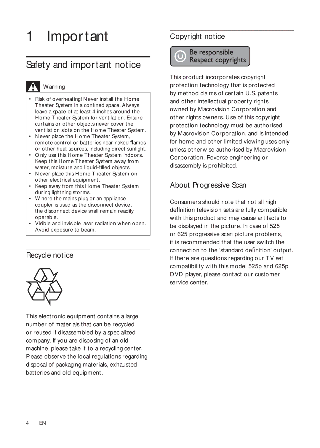 Philips HTS3181X/78 user manual Safety and important notice, Recycle notice, Copyright notice, About Progressive Scan 