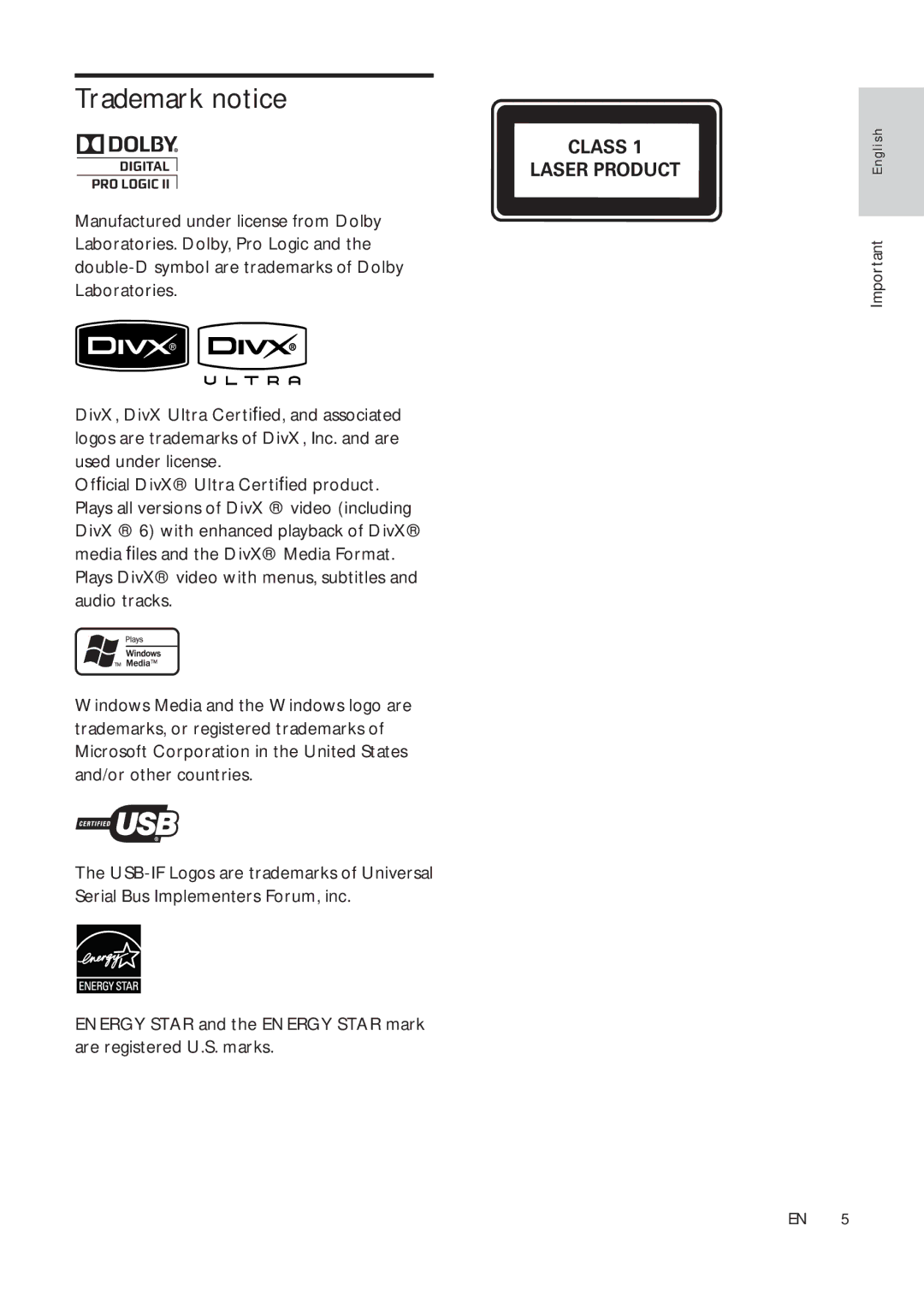 Philips HTS3181X/78 user manual Trademark notice, Class Laser Product 