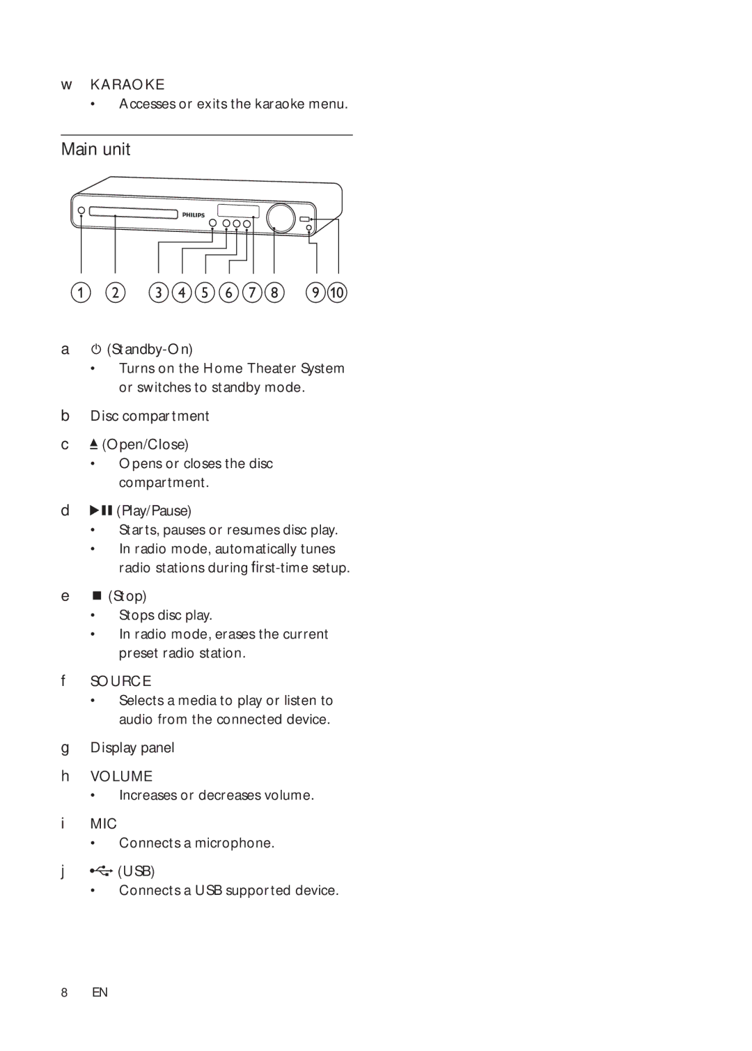 Philips HTS3181X/78 user manual Main unit, Karaoke Accesses or exits the karaoke menu 