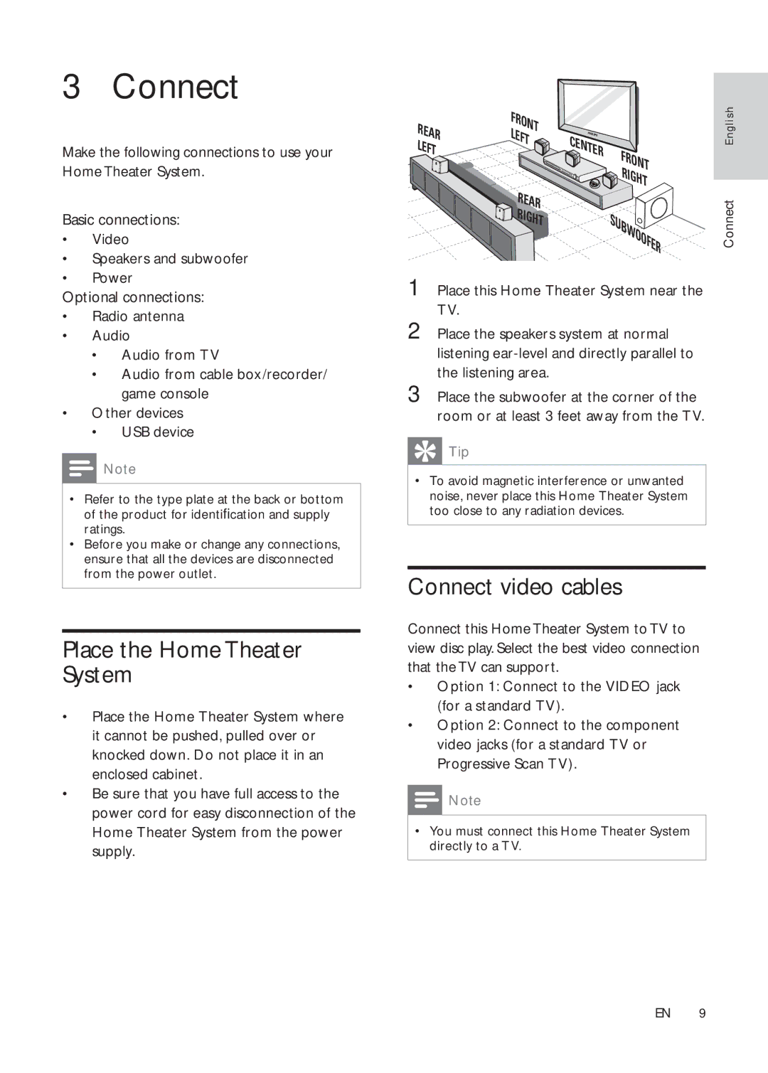 Philips HTS3181X/78 user manual Place the Home Theater System, Connect video cables 