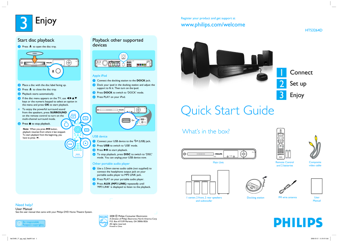 Philips HTS3264D quick start Enjoy, Start disc playback, Playback other supported devices, Need help? 