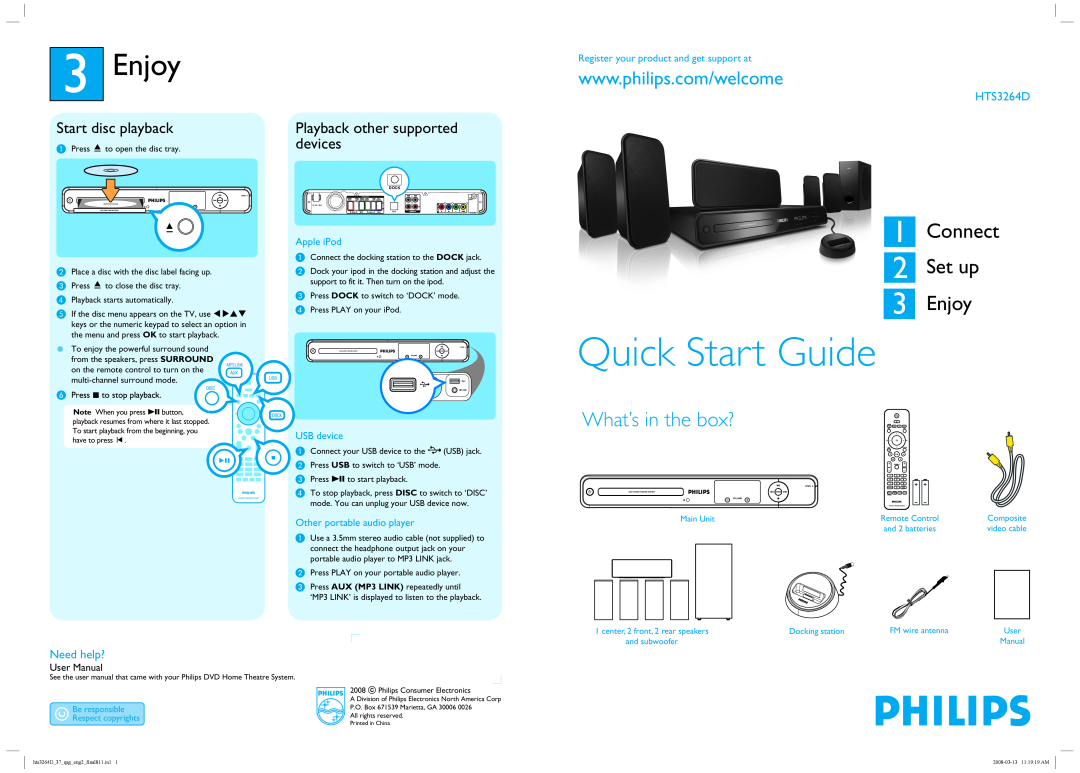Philips HTS3264D quick start 3Enjoy, Need help?, Apple iPod, USB device, Other portable audio player, Quick Start Guide 