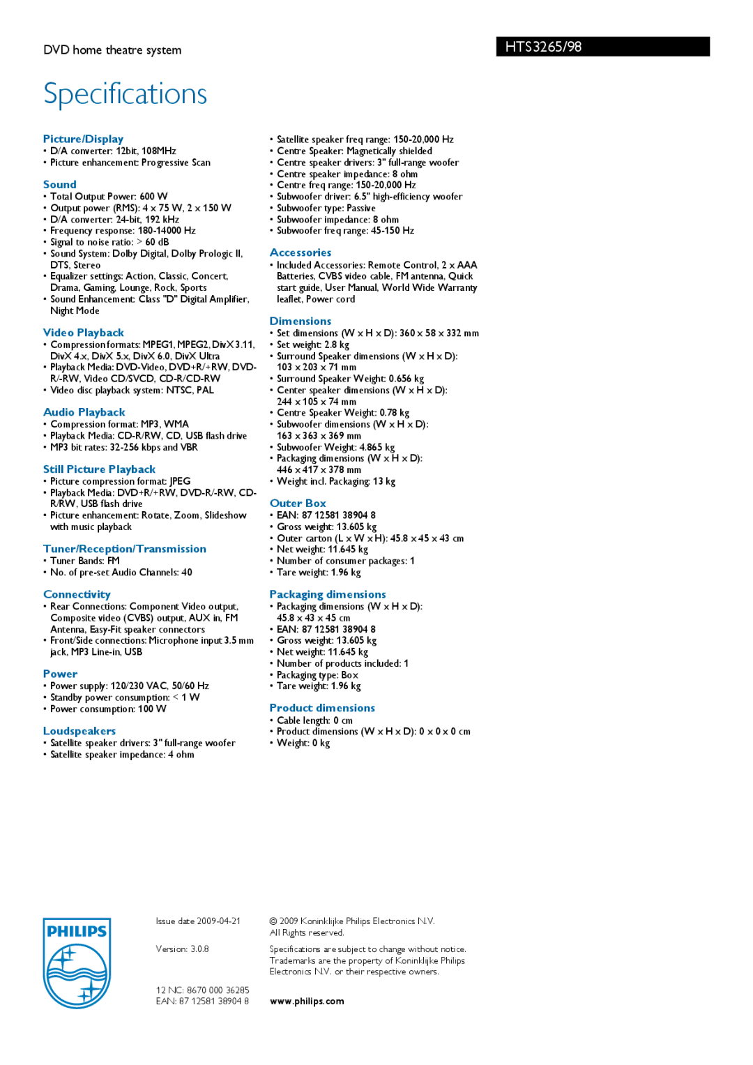Philips HTS3265/98 Picture/Display, Sound, Video Playback, Audio Playback, Still Picture Playback, Accessories Dimensions 