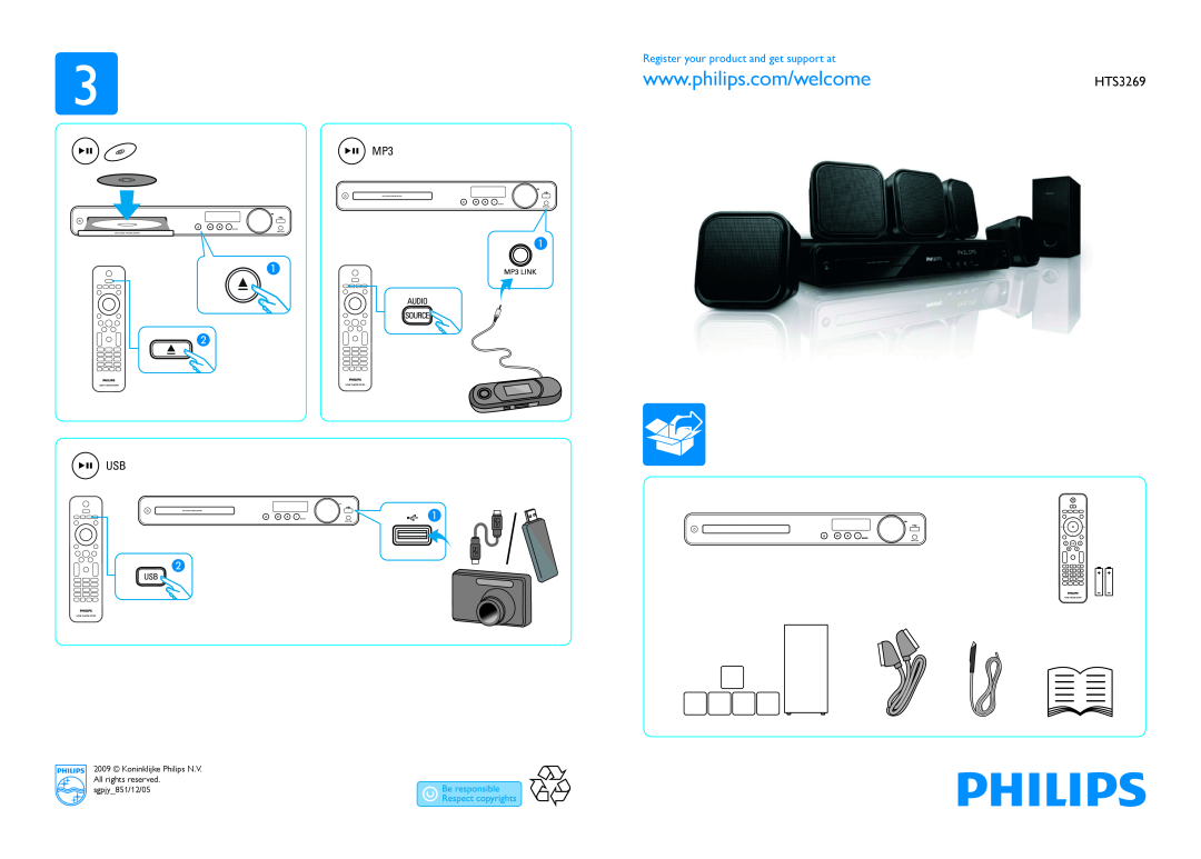 Philips HTS3269/12 manual Register your product and get support at, MP3 USB 