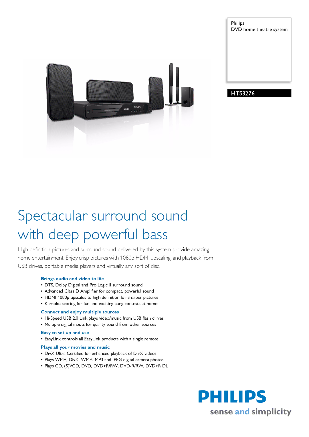 Philips HTS3276/98 manual Brings audio and video to life, Connect and enjoy multiple sources, Easy to set up and use 