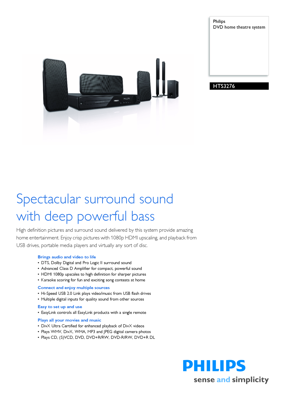 Philips HTS3276/98 manual Philips DVD home theatre system, Brings audio and video to life, Easy to set up and use 