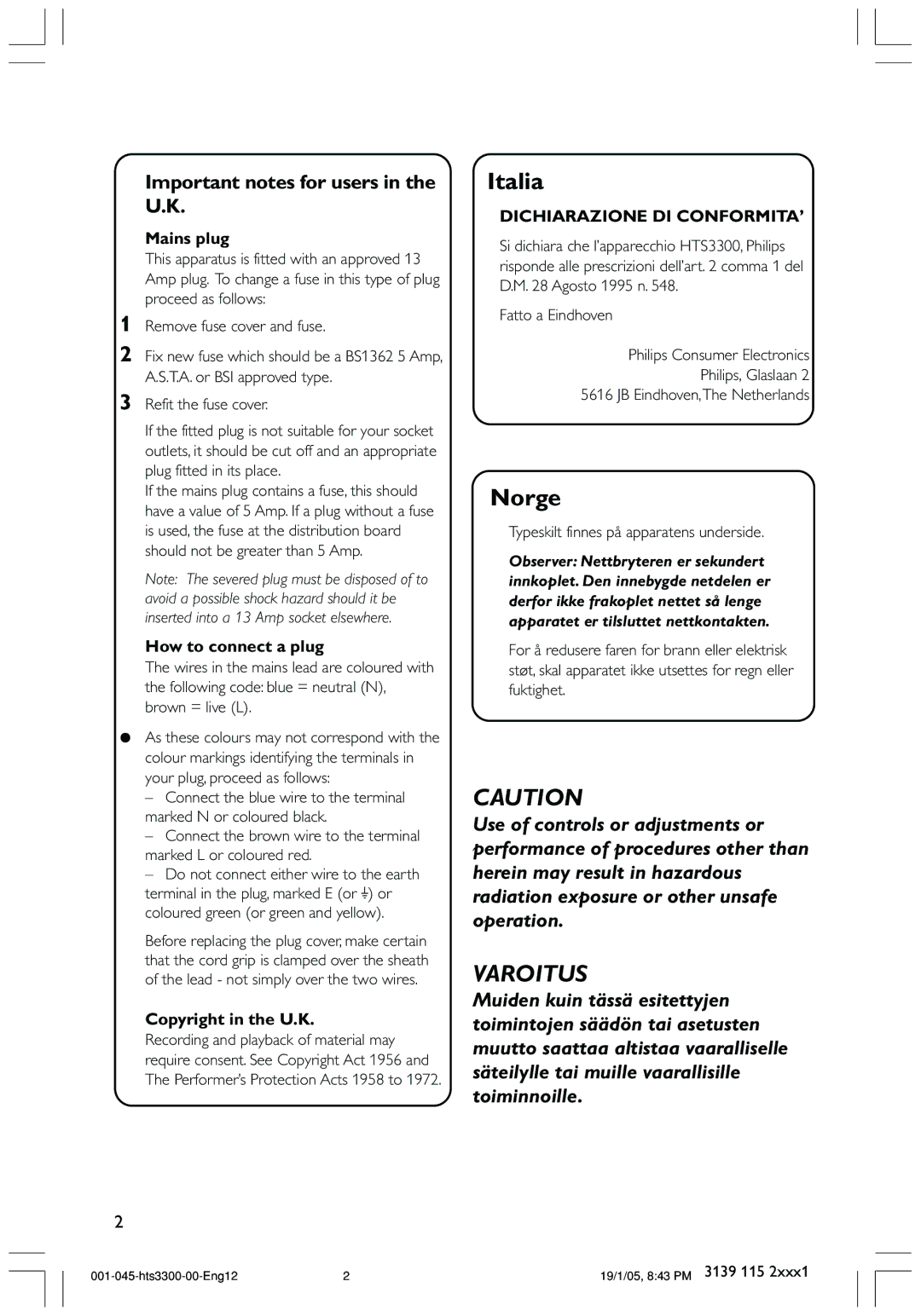 Philips HTS3300 user manual Varoitus 