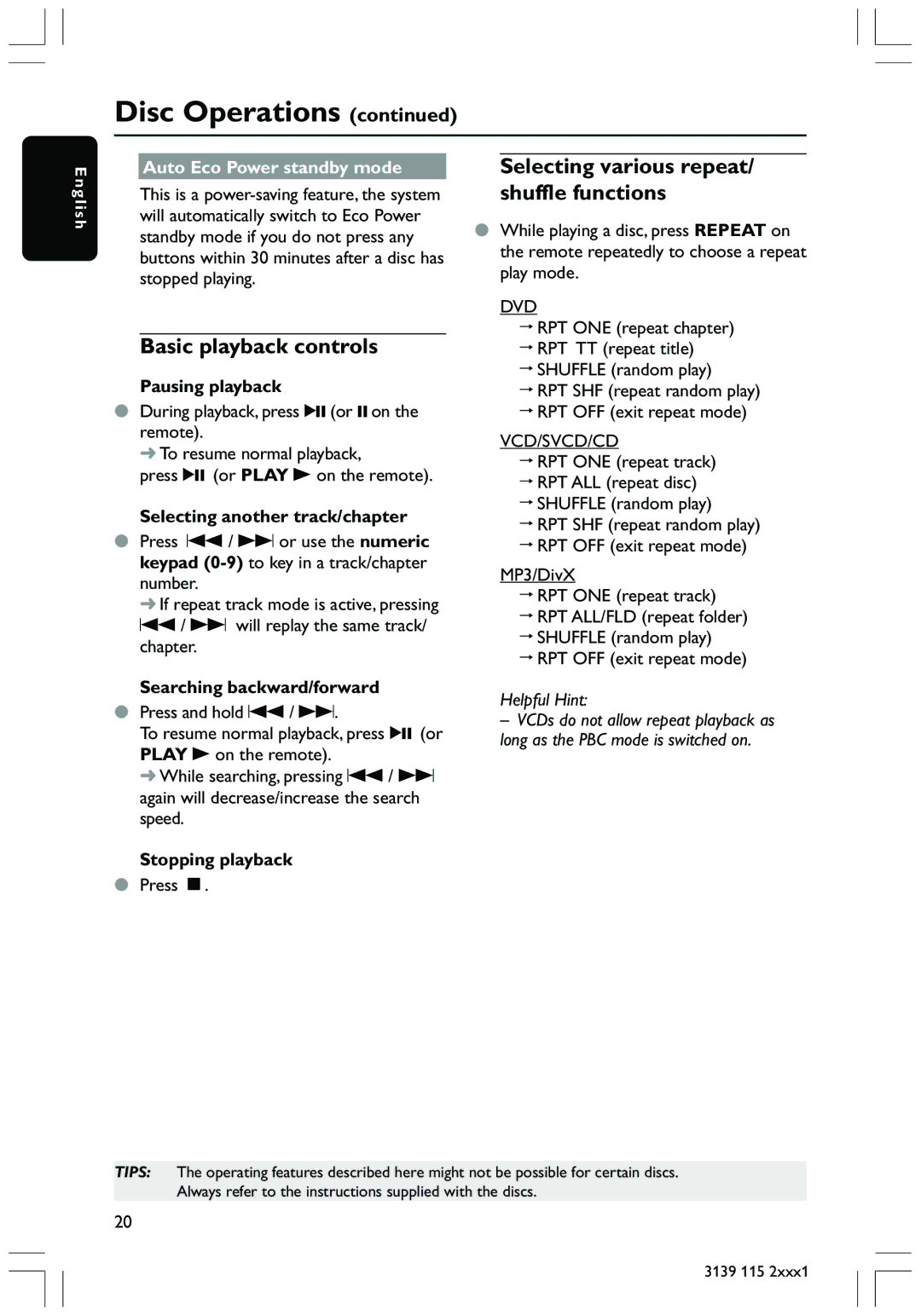 Philips HTS3300 Basic playback controls, Selecting various repeat/ shuffle functions, Auto Eco Power standby mode 