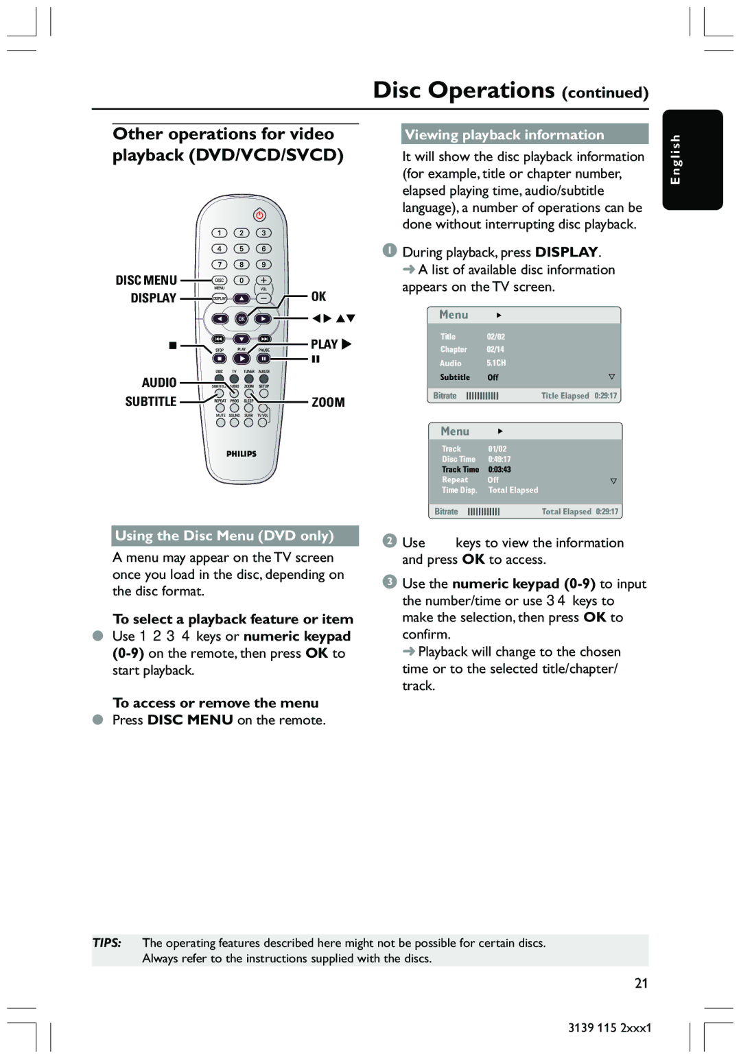 Philips HTS3300 user manual Other operations for video playback DVD/VCD/SVCD, Viewing playback information 