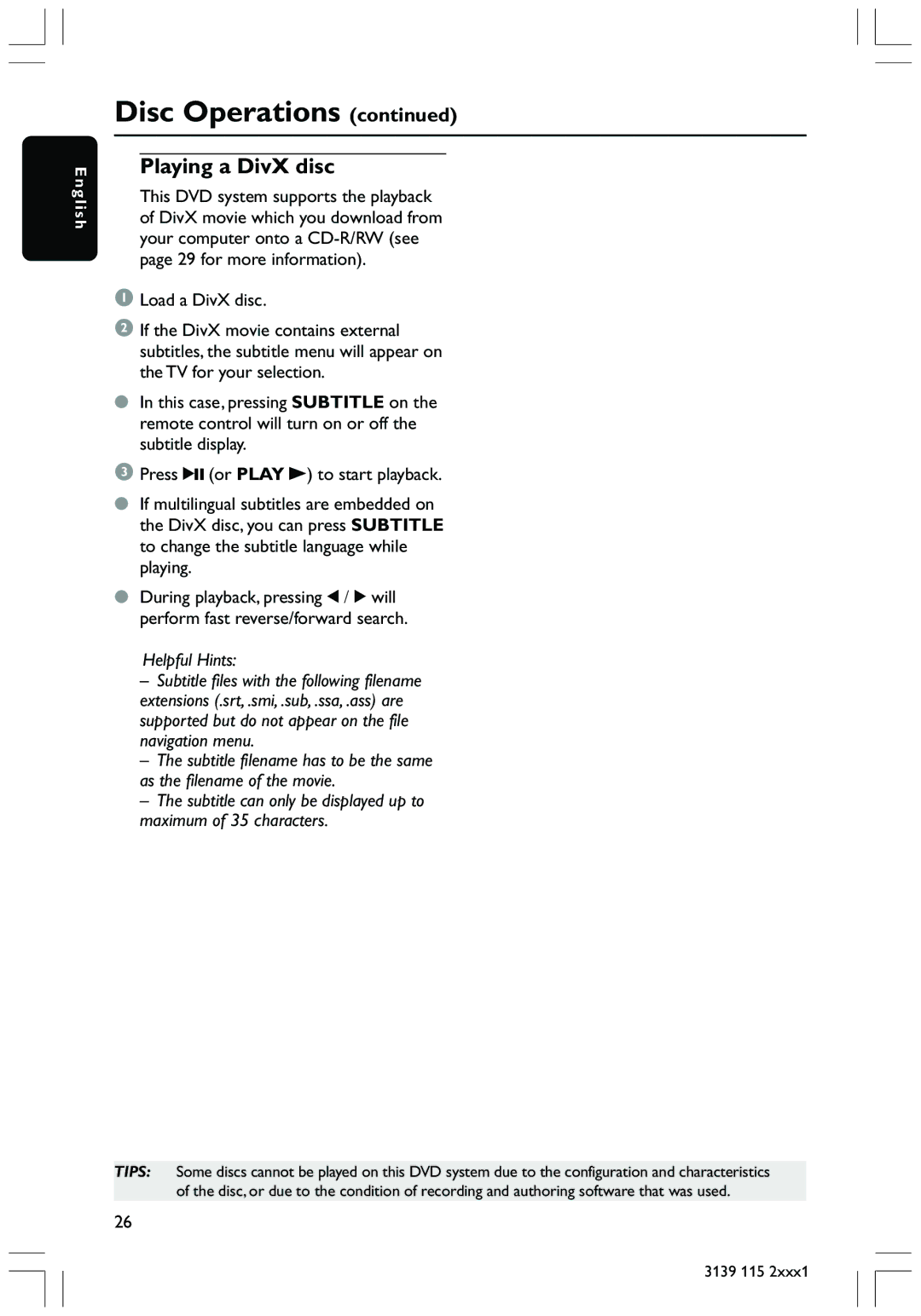 Philips HTS3300 user manual Playing a DivX disc 