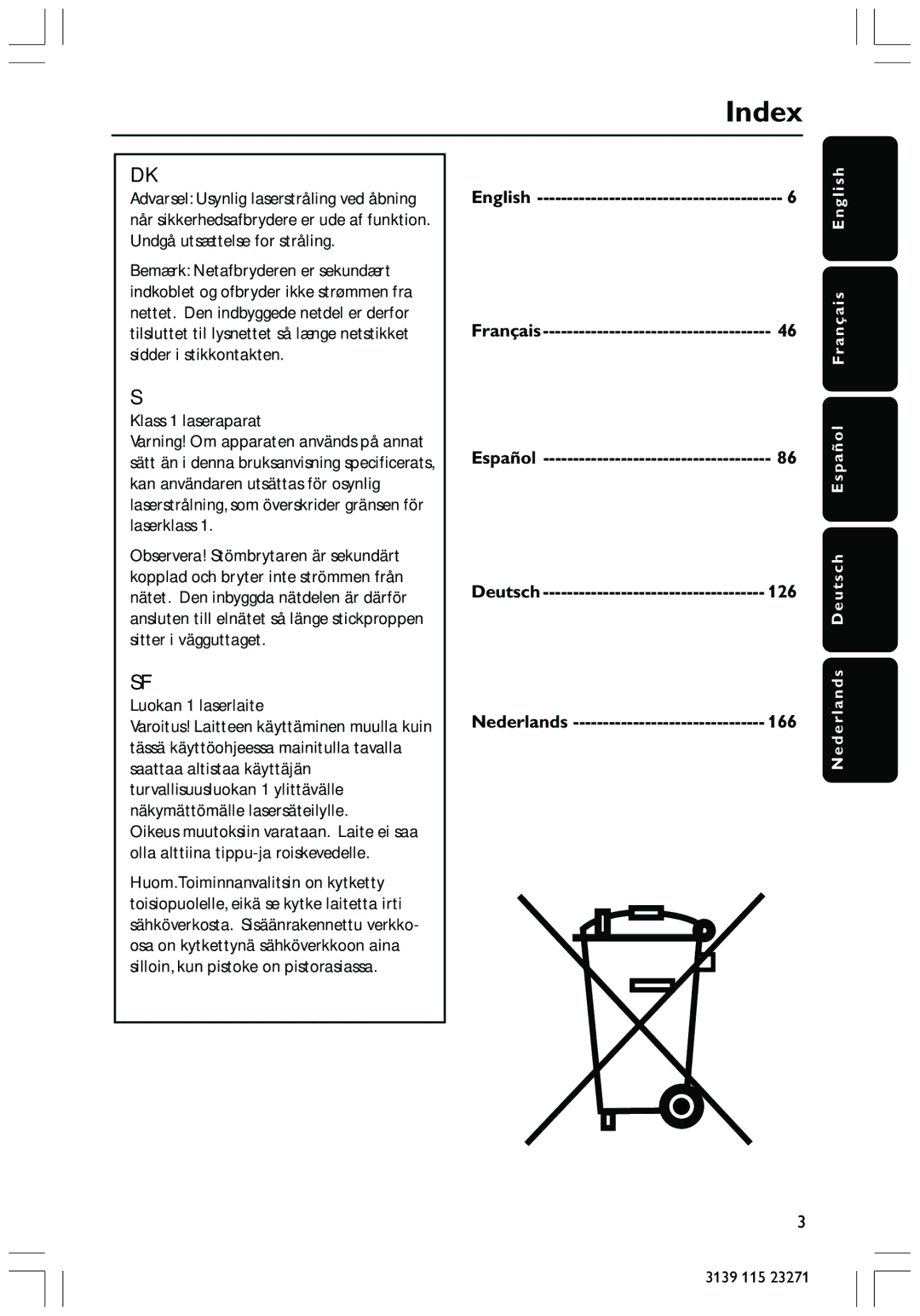 Philips HTS3300 user manual Index, English, Español, 126, Nederlands 166 