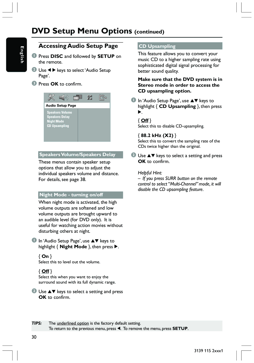 Philips HTS3300 Accessing Audio Setup, CD Upsampling, 88.2 kHz, Speakers Volume/Speakers Delay, Night Mode turning on/off 