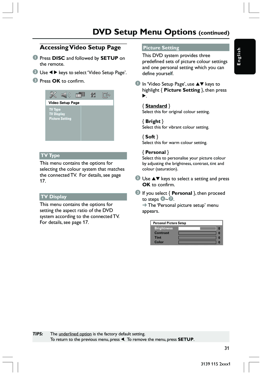 Philips HTS3300 user manual Accessing Video Setup, TV Type, TV Display, Picture Setting 