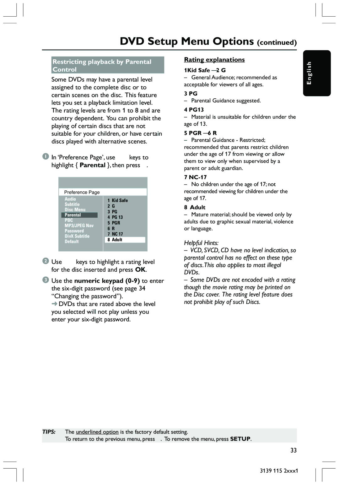 Philips HTS3300 user manual Restricting playback by Parental Control, Rating explanations 