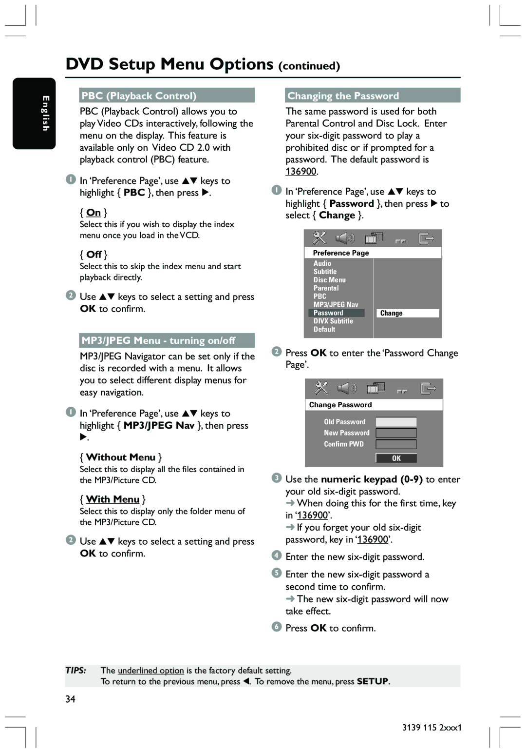 Philips HTS3300 PBC Playback Control Changing the Password, MP3/JPEG Menu turning on/off, Without Menu, With Menu 