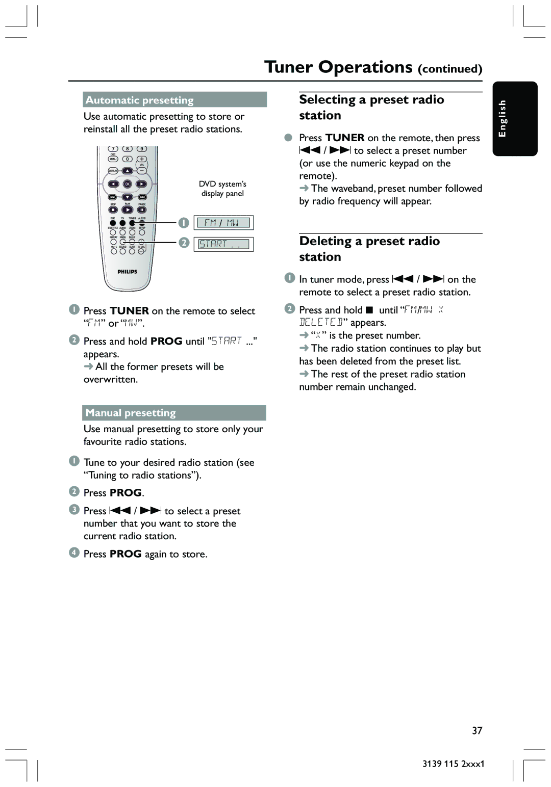 Philips HTS3300 Selecting a preset radio station, Deleting a preset radio station, Automatic presetting, Manual presetting 