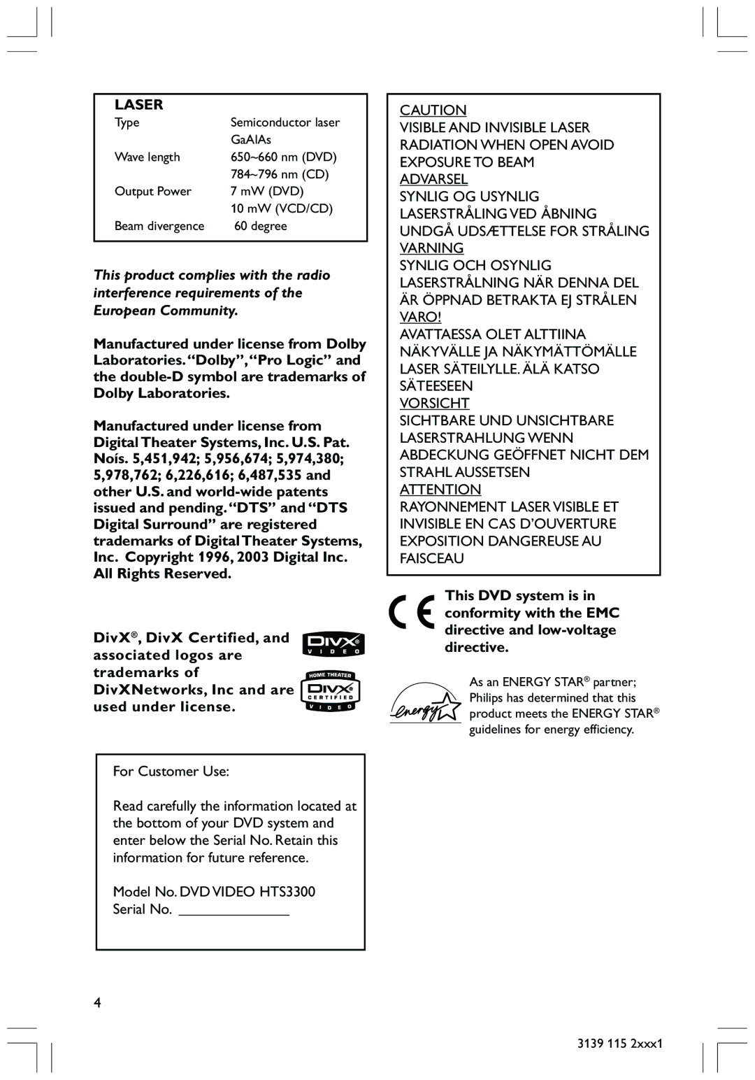 Philips user manual Laser, For Customer Use, Model No. DVD Video HTS3300 Serial No 