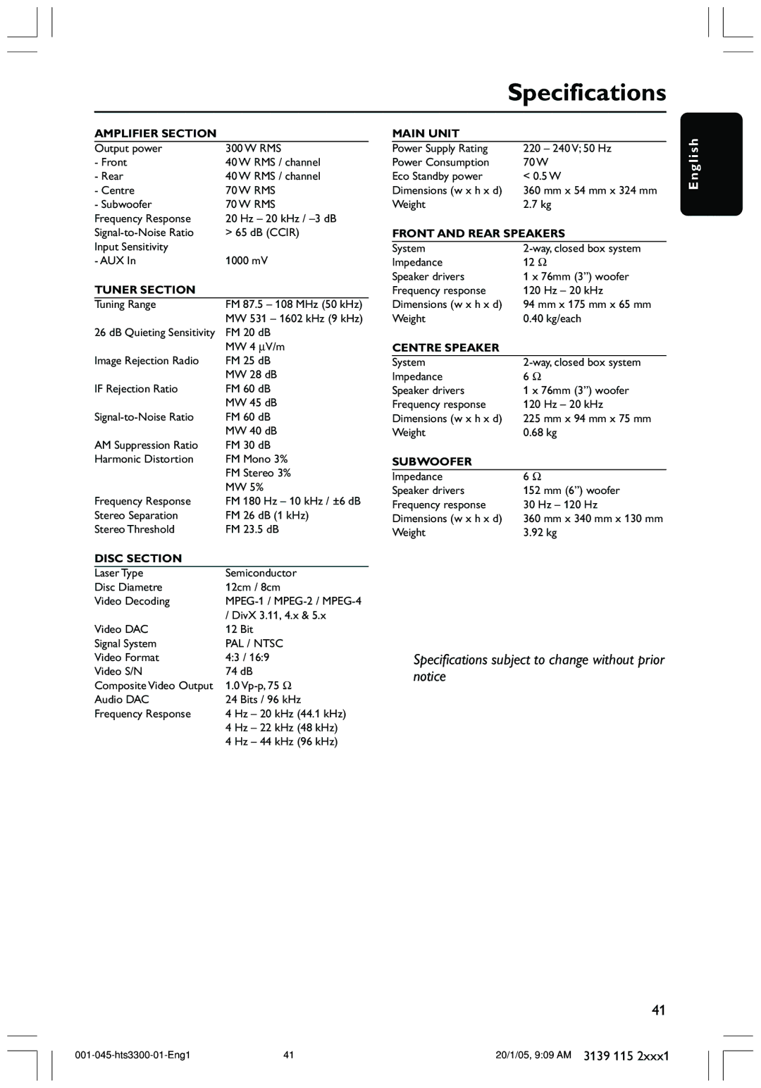 Philips HTS3300 user manual Specifications, Amplifier Section 