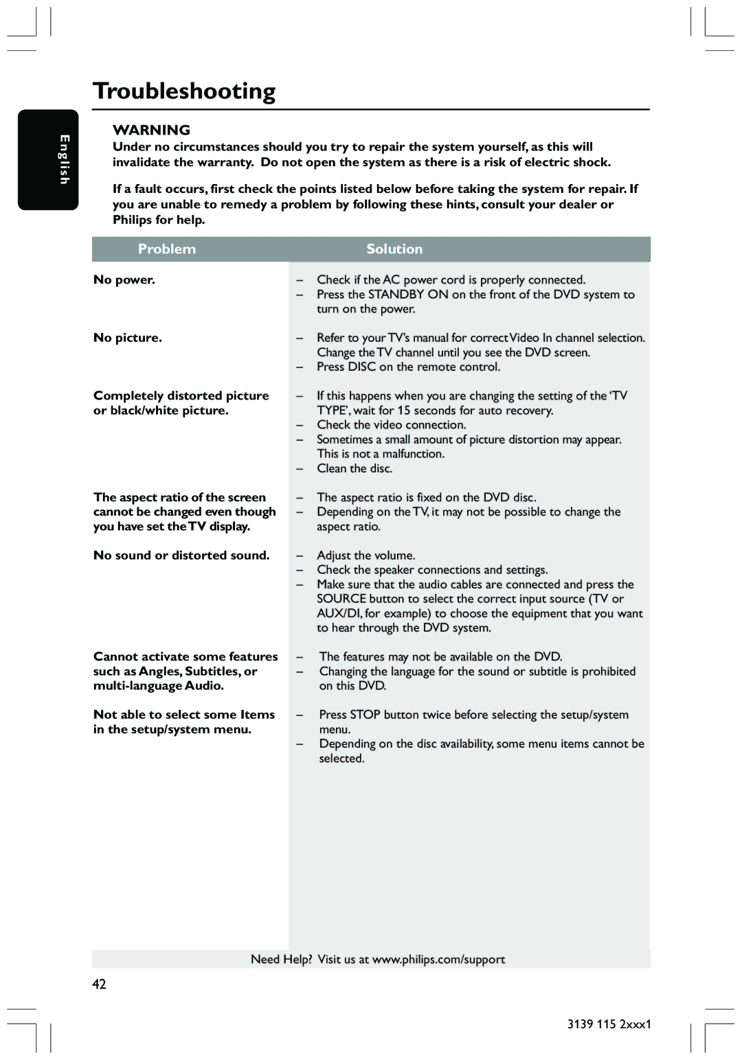 Philips HTS3300 user manual Troubleshooting, Problem, Solution 