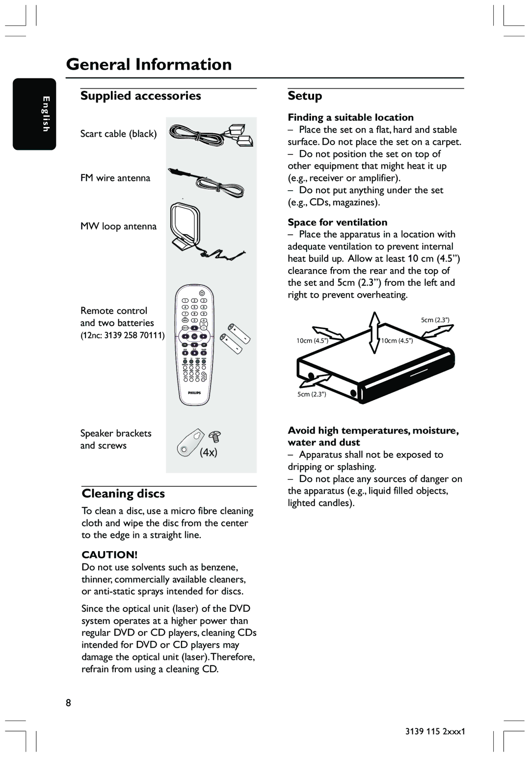 Philips HTS3300 user manual General Information, Supplied accessories, Cleaning discs, Setup 