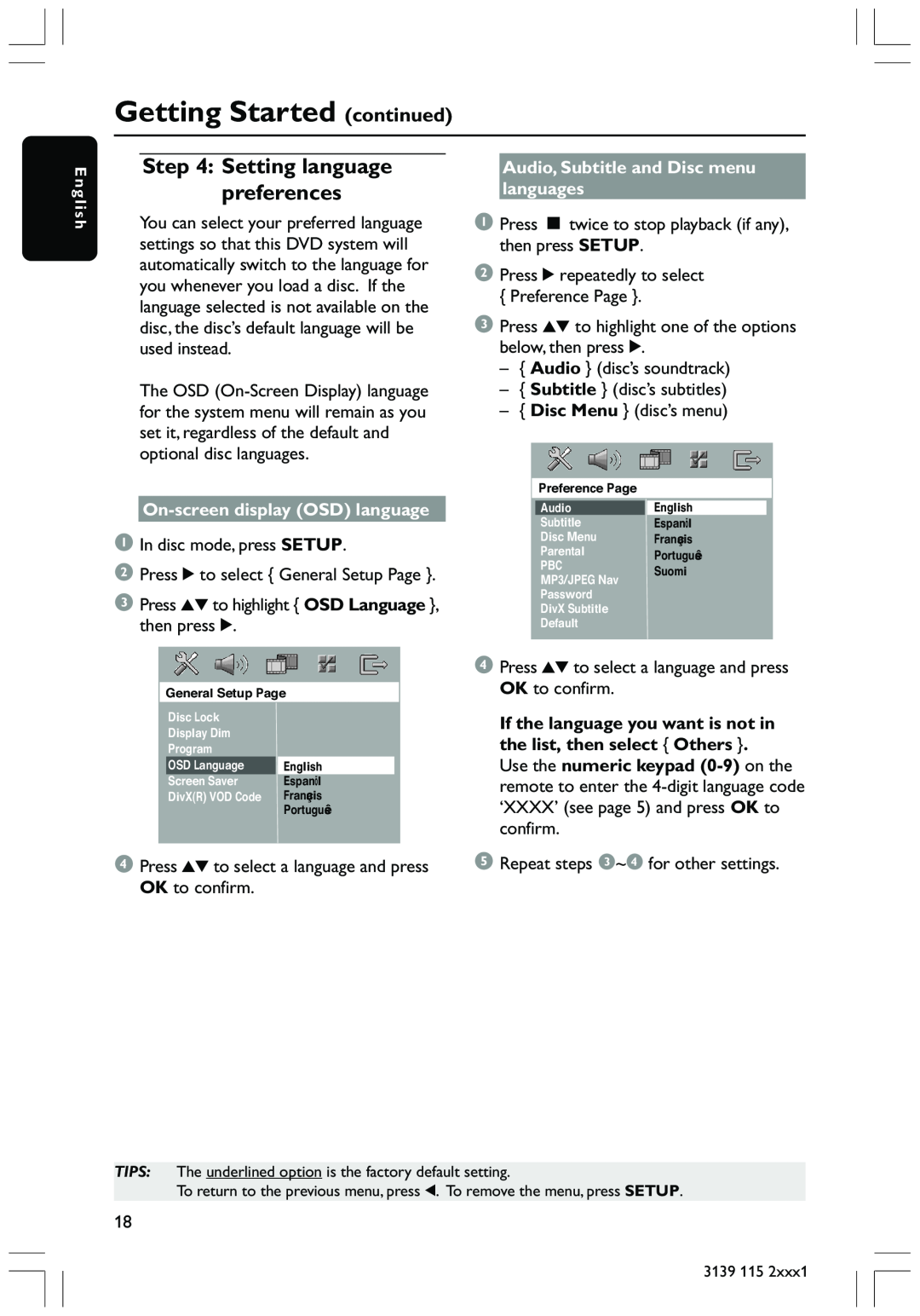 Philips HTS3300 user manual Getting Started continued, Setting language preferences, On-screendisplay OSD language 
