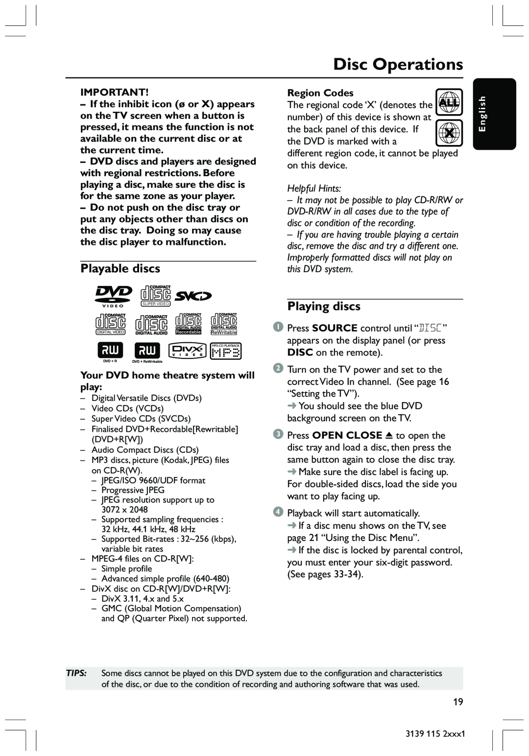 Philips HTS3300 user manual Disc Operations, Playable discs, Playing discs, Region Codes, Helpful Hints 
