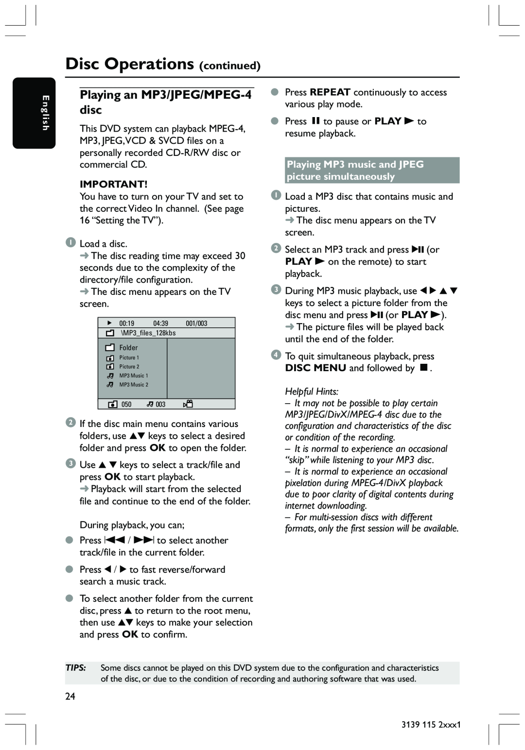 Philips HTS3300 user manual Playing an MP3/JPEG/MPEG-4disc, Disc Operations continued, Helpful Hints 