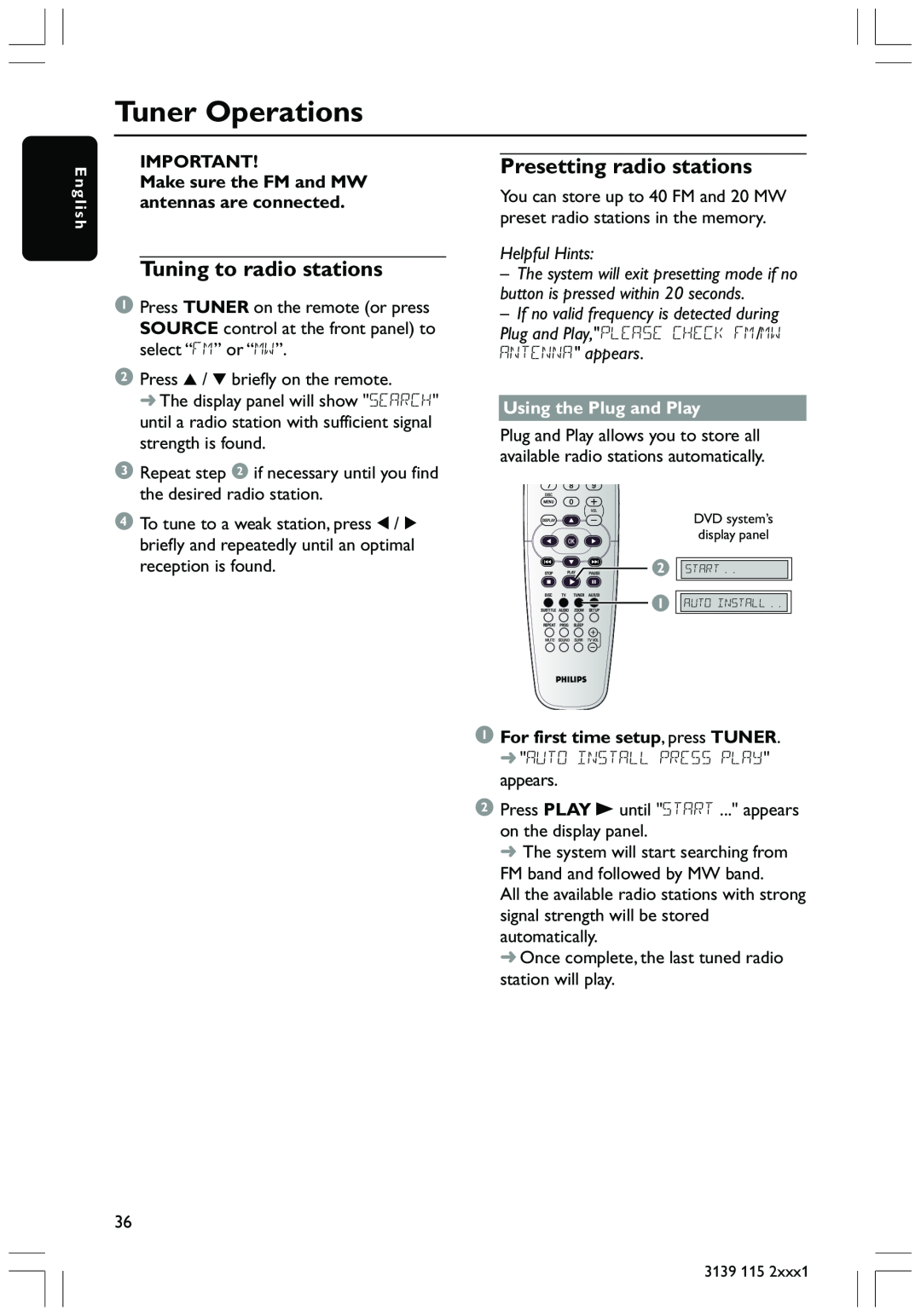 Philips HTS3300 user manual Tuner Operations, Tuning to radio stations, Presetting radio stations, Helpful Hints 