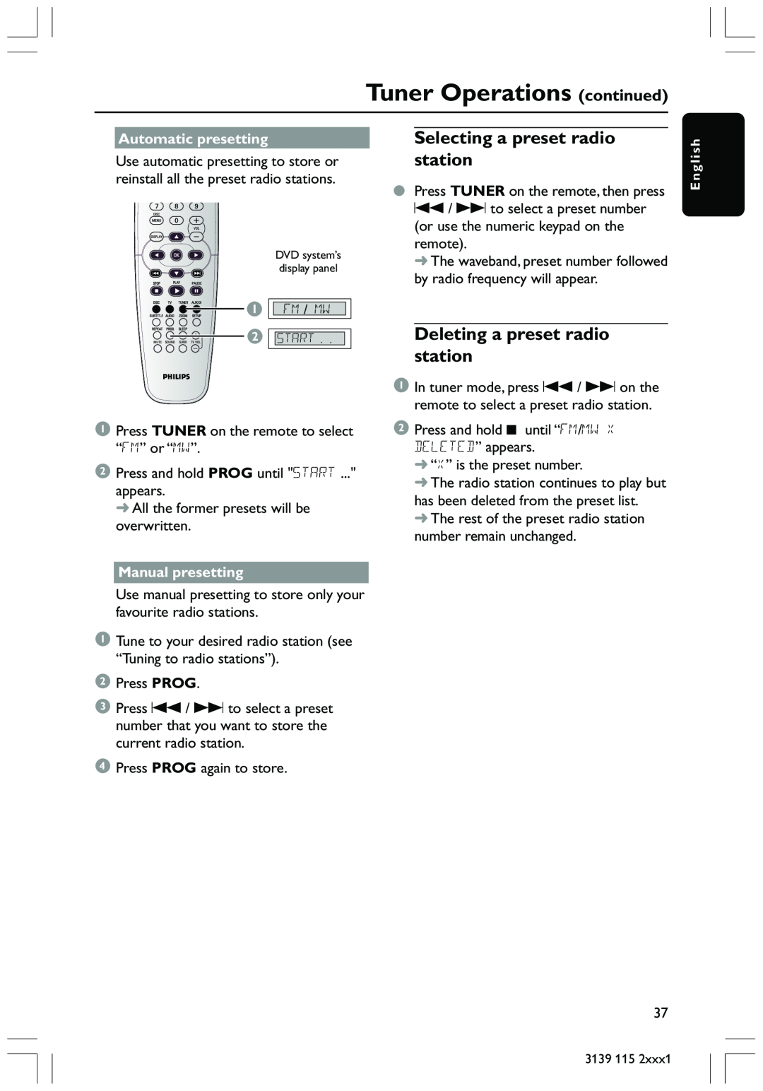Philips HTS3300 user manual Tuner Operations continued, Selecting a preset radio station, Deleting a preset radio station 