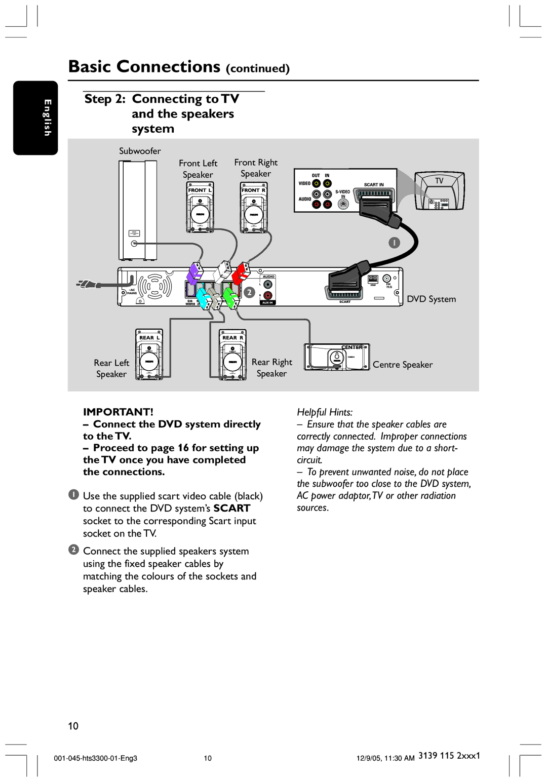 Philips HTS3300/51 user manual Connecting to TV and the speakers system 