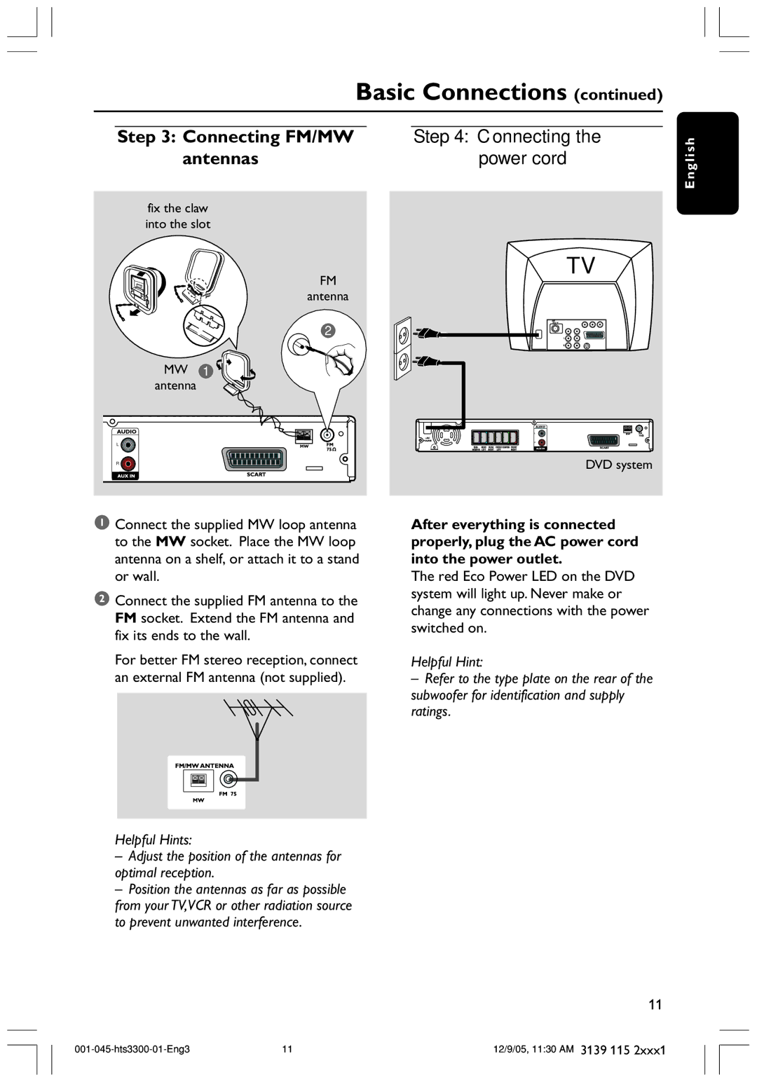 Philips HTS3300/51 user manual Connecting FM/MW, Antennas Power cord 