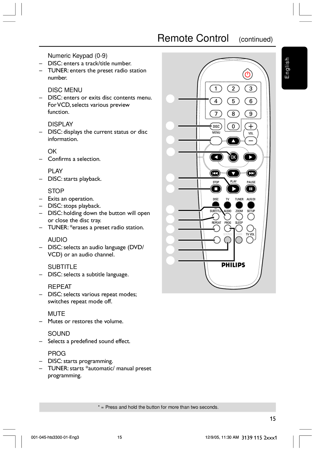 Philips HTS3300/51 user manual @ Numeric Keypad 