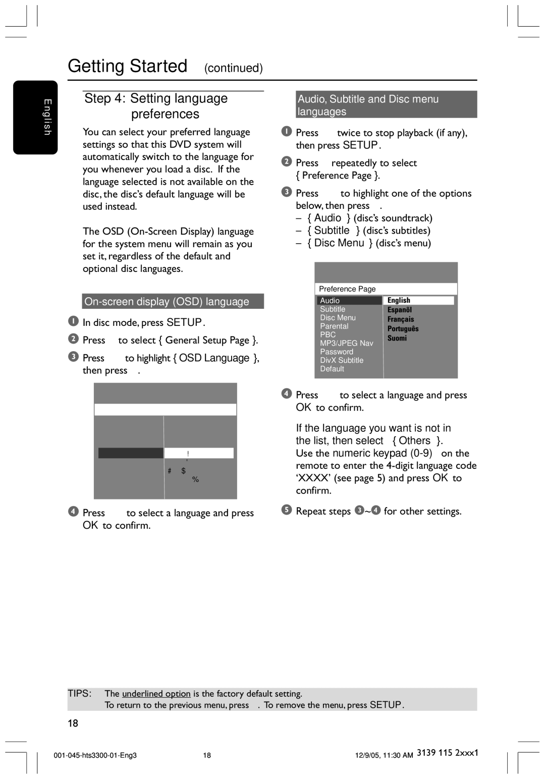 Philips HTS3300/51 user manual On-screen display OSD language, Press 34 to select a language and press OK to confirm 