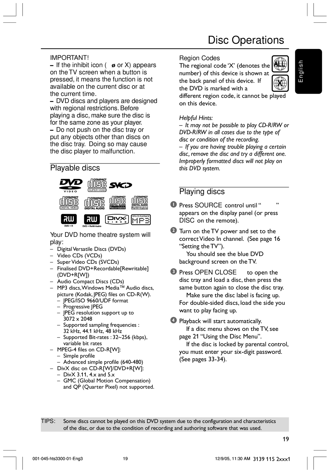 Philips HTS3300/51 user manual Disc Operations, Playable discs, Region Codes, Your DVD home theatre system will play 