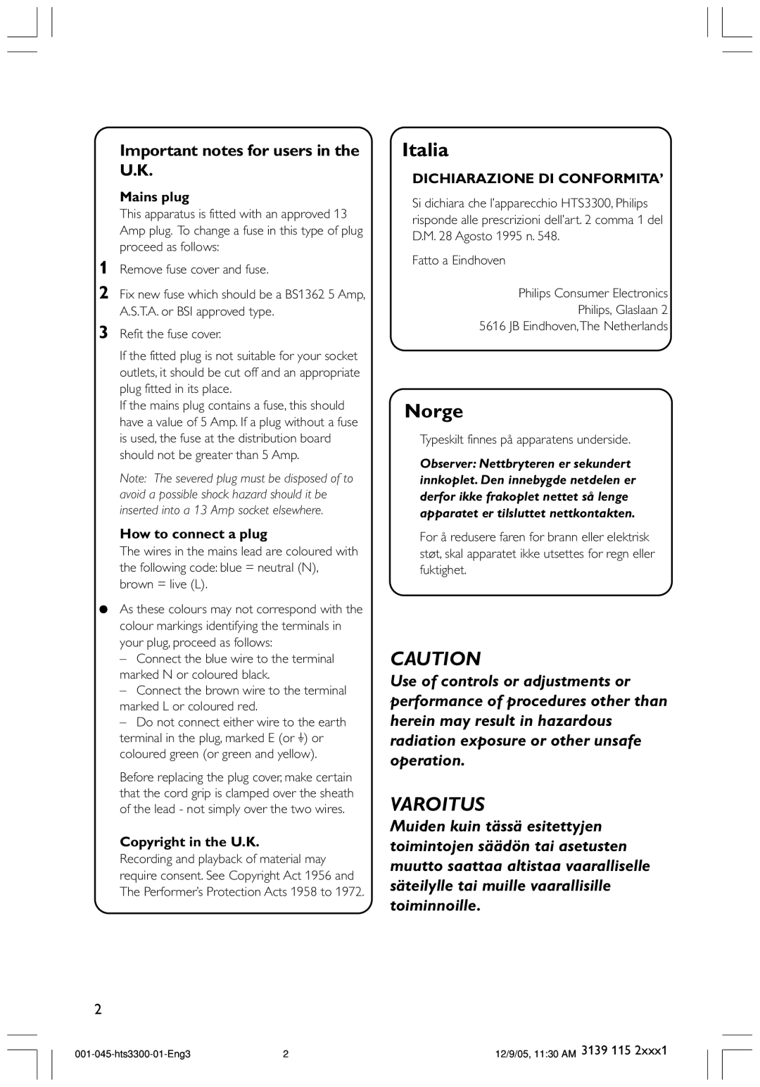 Philips HTS3300/51 user manual Varoitus 