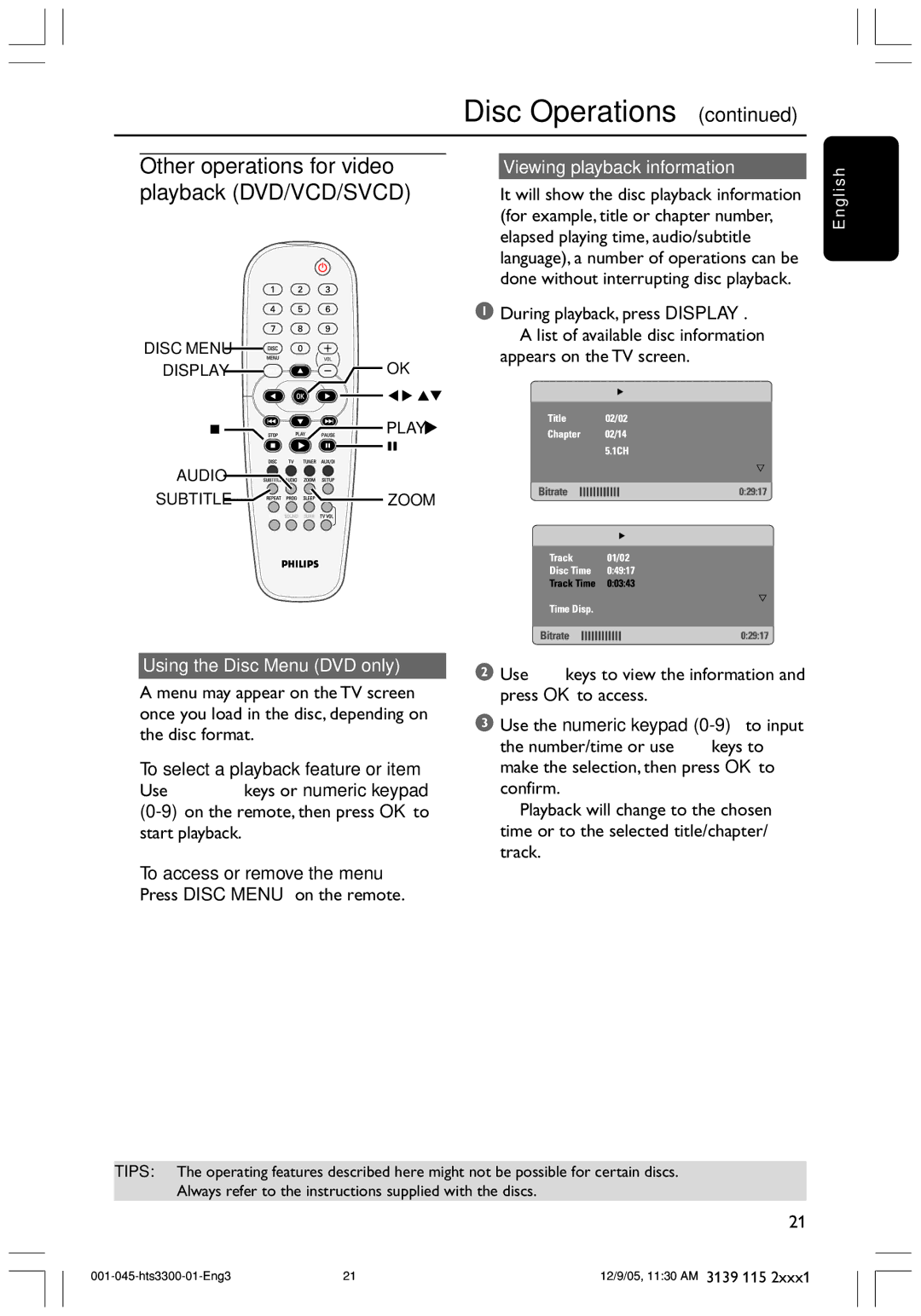 Philips HTS3300/51 user manual Other operations for video playback DVD/VCD/SVCD, Viewing playback information 