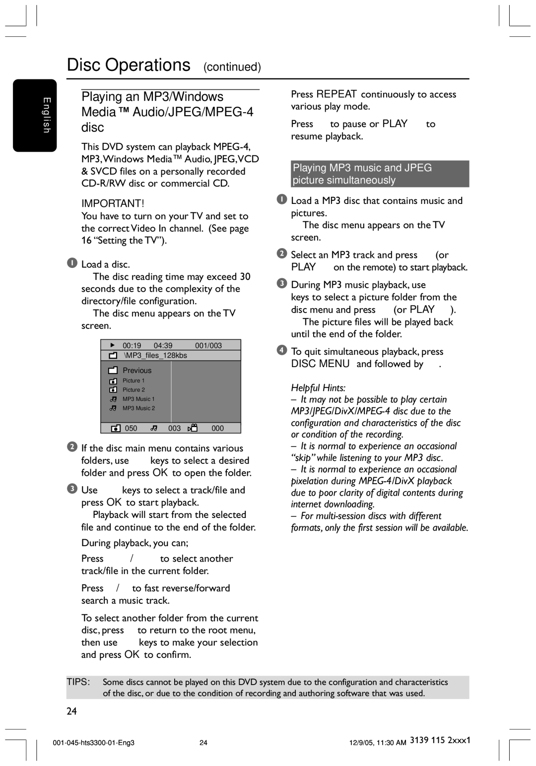 Philips HTS3300/51 user manual Playing an MP3/Windows Media Audio/JPEG/MPEG-4 disc, Disc menu appears on the TV screen 