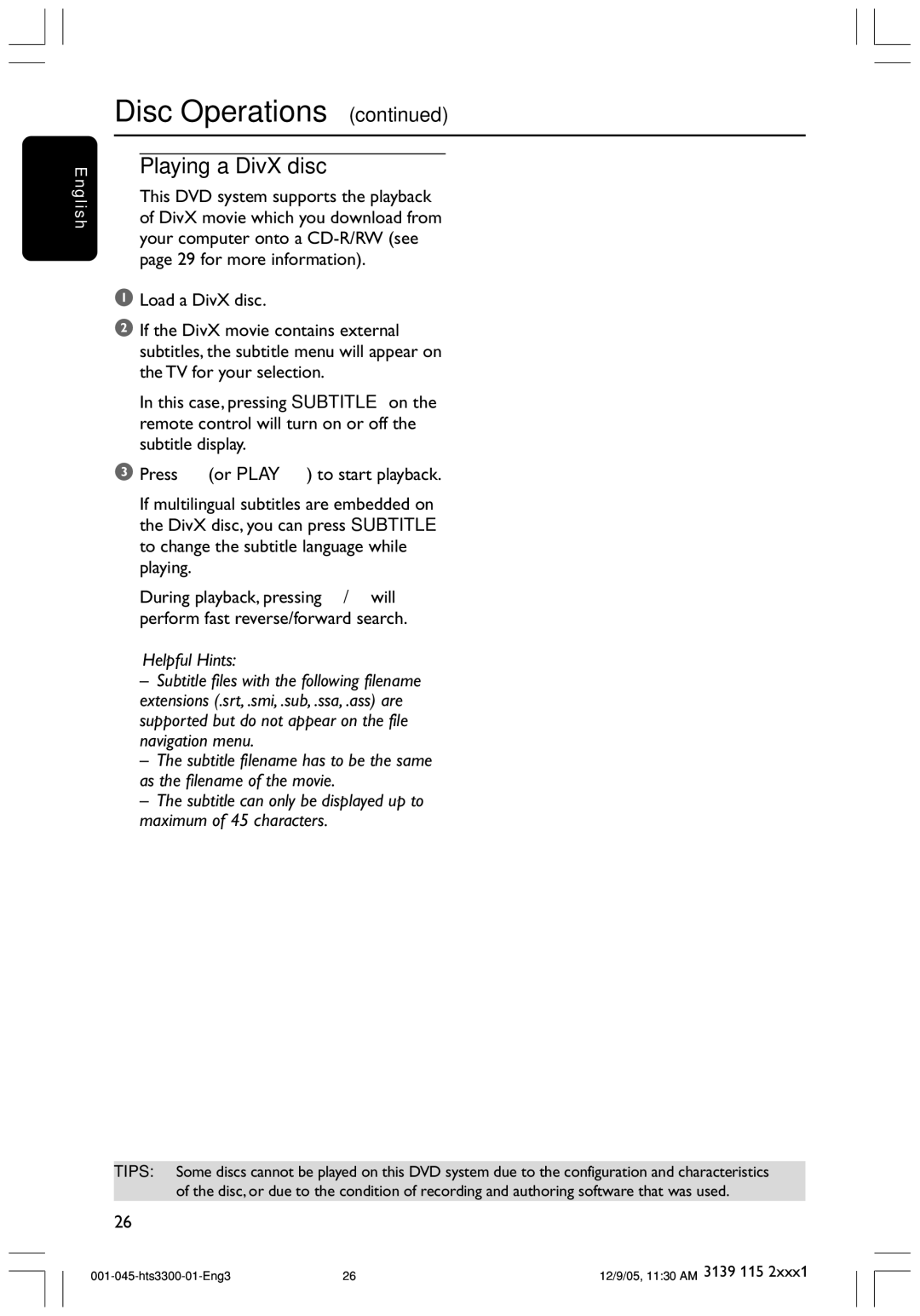 Philips HTS3300/51 user manual Playing a DivX disc 