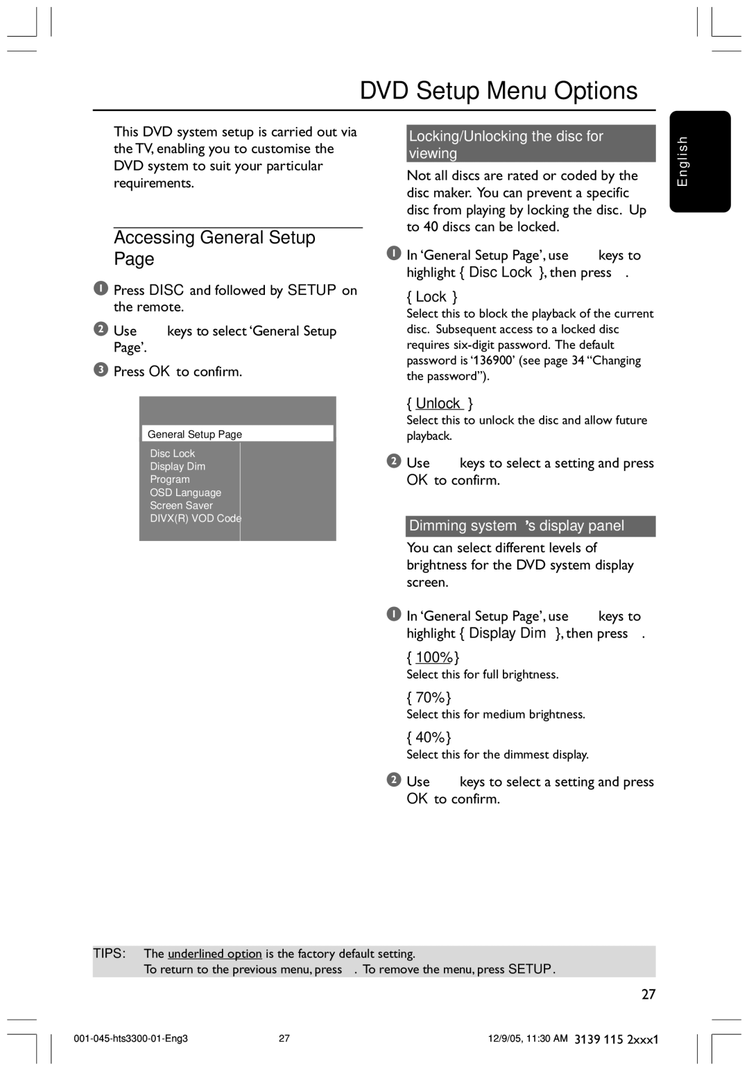 Philips HTS3300/51 user manual DVD Setup Menu Options, Accessing General Setup, Locking/Unlocking the disc for viewing 