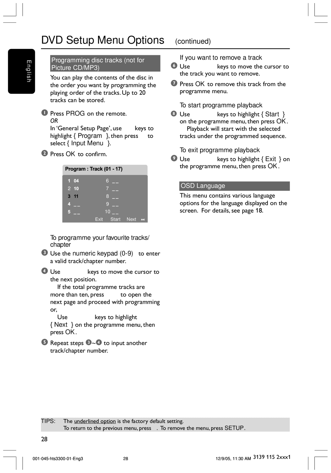 Philips HTS3300/51 user manual Programming disc tracks not for Picture CD/MP3, If you want to remove a track, OSD Language 