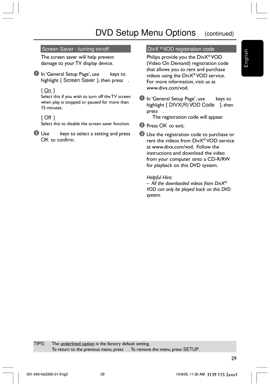 Philips HTS3300/51 user manual Screen Saver turning on/off, Off, DivX VOD registration code 