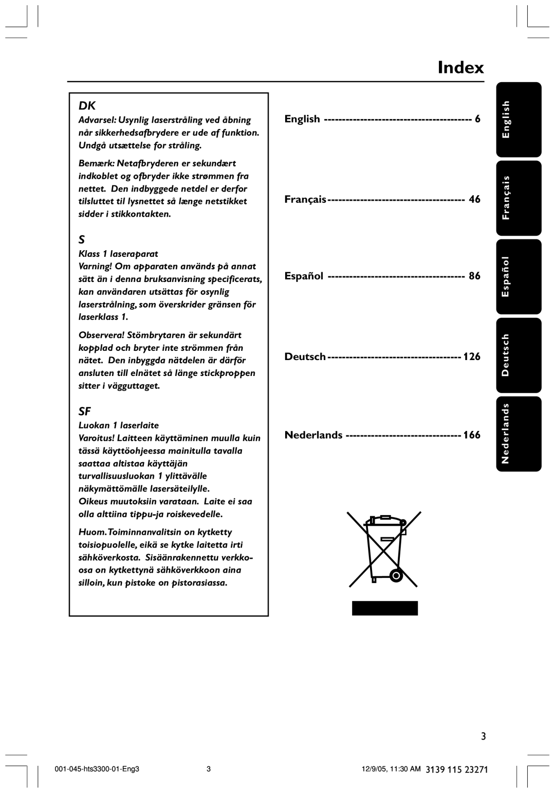 Philips HTS3300/51 user manual Index, English, Español, 126, Nederlands 166 