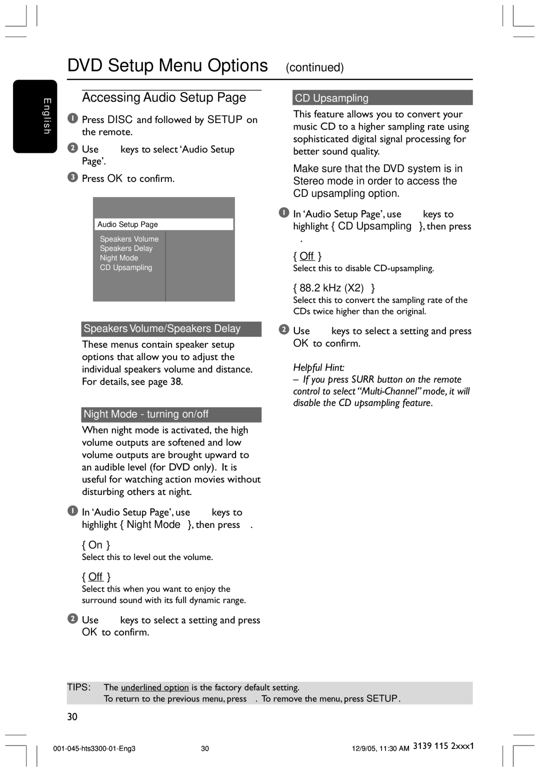 Philips HTS3300/51 user manual Accessing Audio Setup, CD Upsampling, 88.2 kHz, Speakers Volume/Speakers Delay 