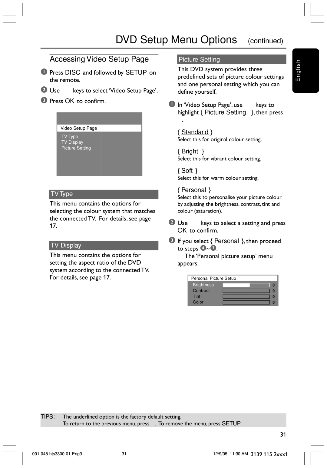 Philips HTS3300/51 user manual Accessing Video Setup, TV Type, TV Display, Picture Setting 