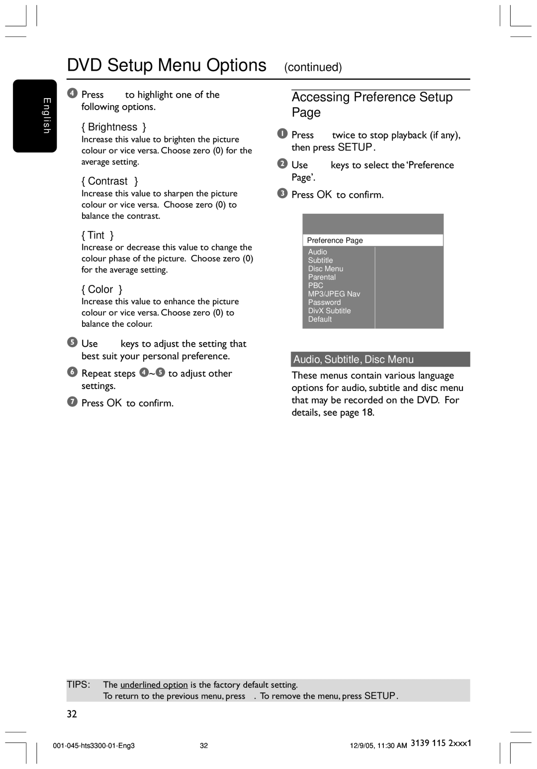 Philips HTS3300/51 user manual Accessing Preference Setup, Audio, Subtitle, Disc Menu 