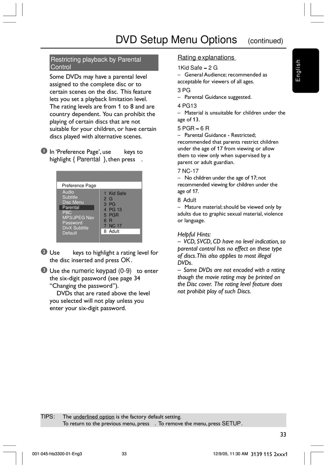 Philips HTS3300/51 user manual Restricting playback by Parental Control, Rating explanations 