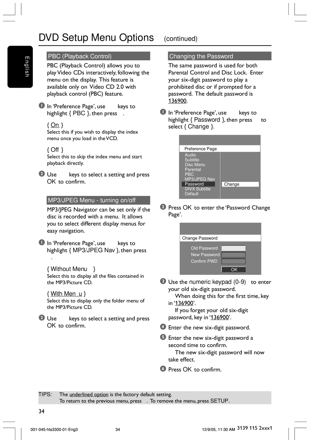 Philips HTS3300/51 PBC Playback Control Changing the Password, MP3/JPEG Menu turning on/off, Without Menu, With Menu 