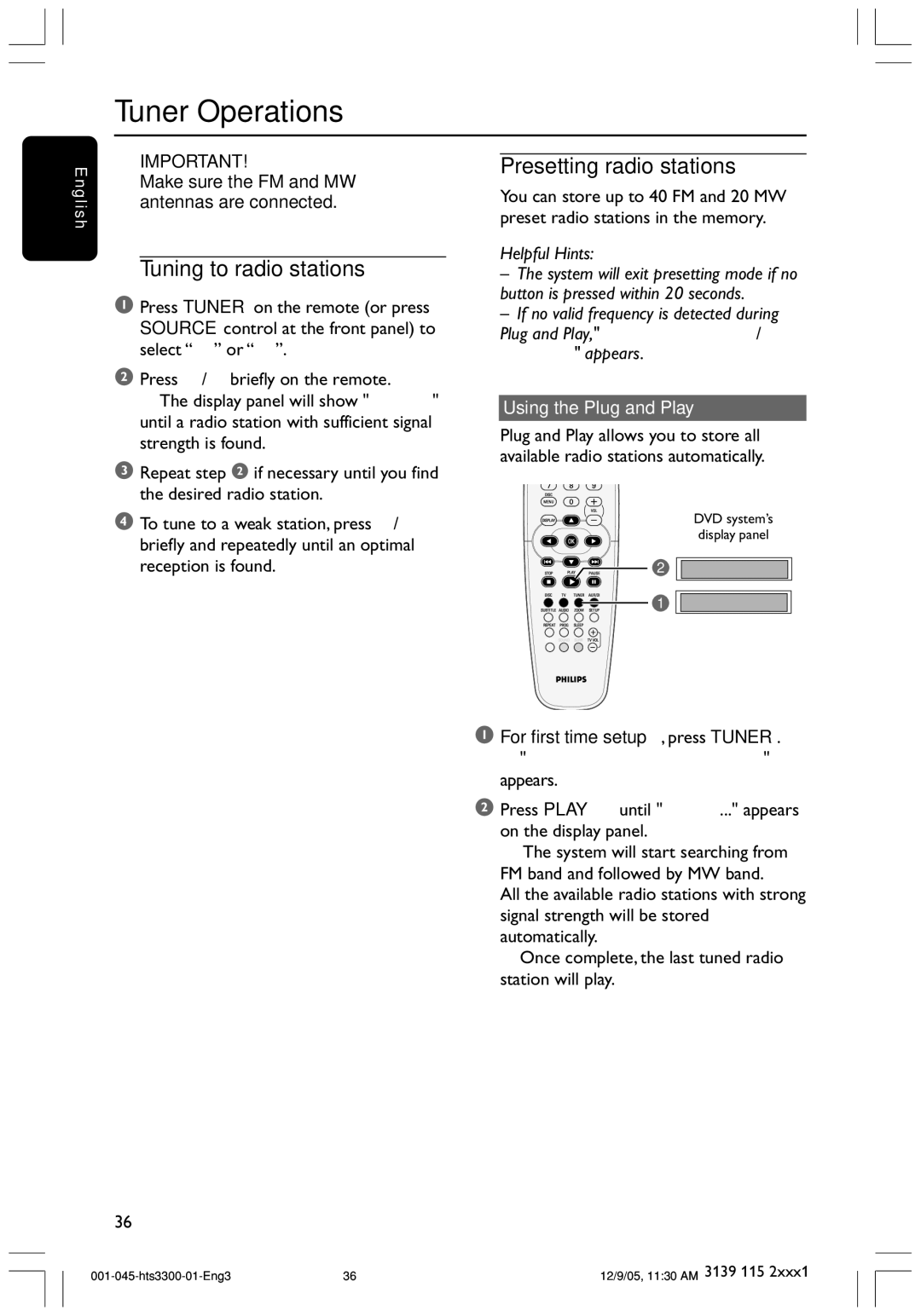 Philips HTS3300/51 Tuner Operations, Tuning to radio stations, Presetting radio stations, Using the Plug and Play 