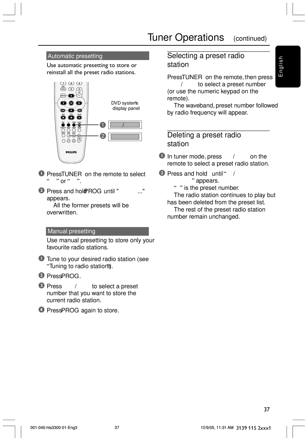 Philips HTS3300/51 user manual Selecting a preset radio station, Deleting a preset radio station, Automatic presetting 