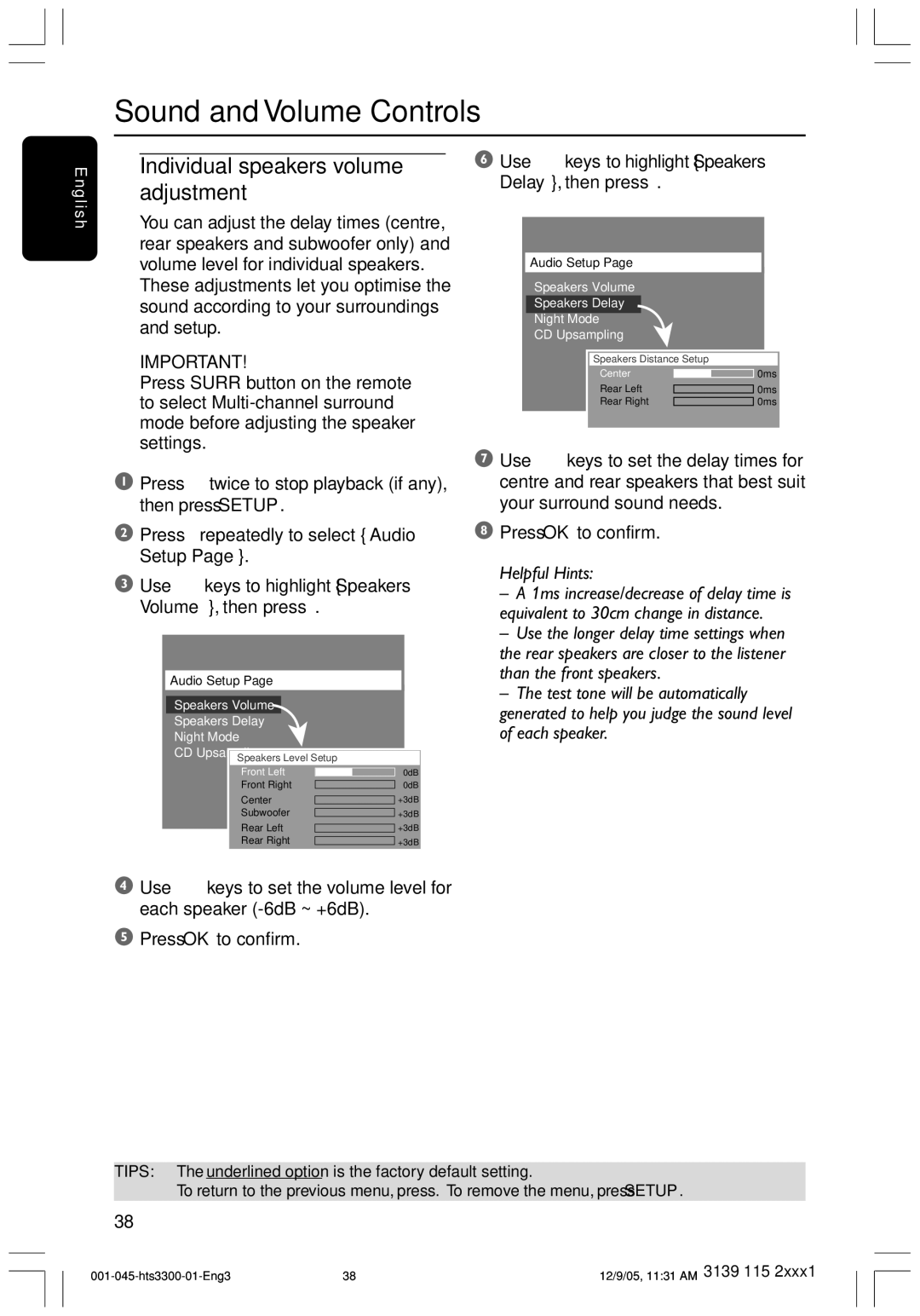 Philips HTS3300/51 user manual Sound and Volume Controls, Individual speakers volume adjustment 